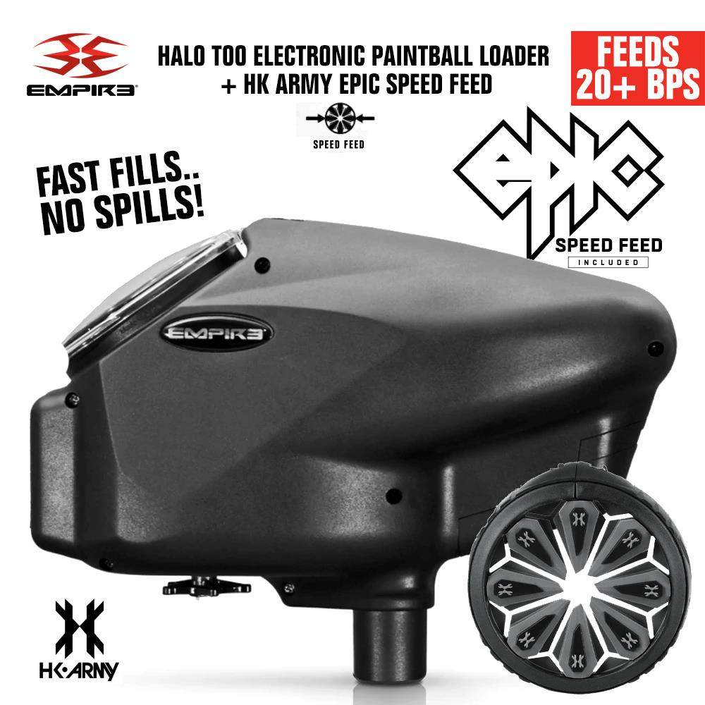 Limited Edition Empire Halo Too electronic paintball loader in matte black with HK Army Epic Speed Feed, 20+ BPS, anti-jam, 180 ball capacity.