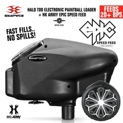 Limited Edition Empire Halo Too electronic paintball loader in matte black with HK Army Epic Speed Feed, 20+ BPS, anti-jam, 180 ball capacity.