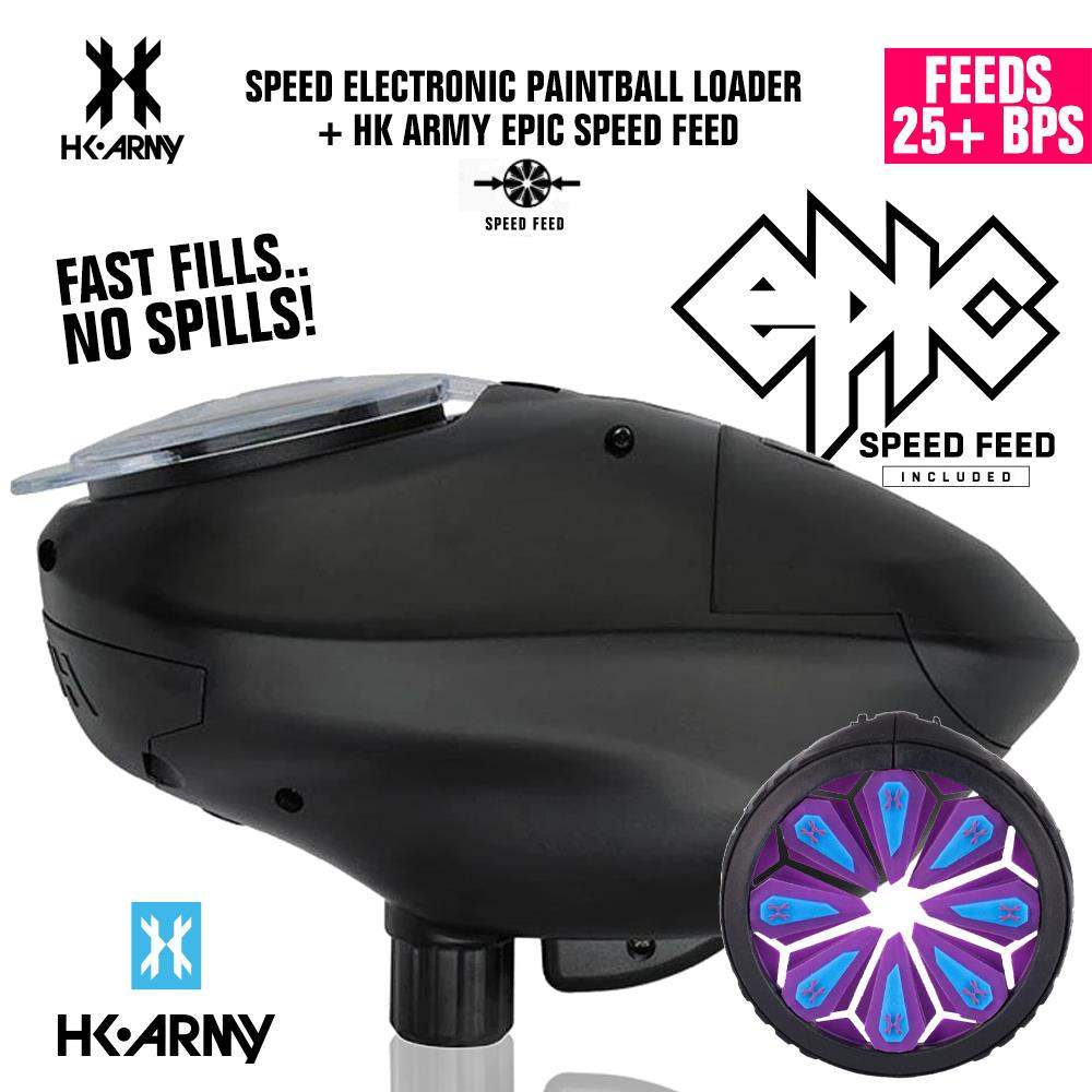 HK Army Speed Electronic Paintball Loader with Epic Speed Feed, fast fills, no spills, feeds 25+ BPS, lightweight and durable paintball hopper.