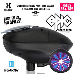 HK Army Speed Electronic Paintball Loader with Epic Speed Feed, fast fills, no spills, feeds 25+ BPS, lightweight and durable paintball hopper.