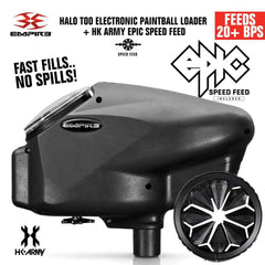 Limited Edition Empire Halo Too electronic paintball loader in matte black with HK Army Epic Speed Feed, feeding 20+ balls per second, anti-jam technology, and 180 ball capacity.