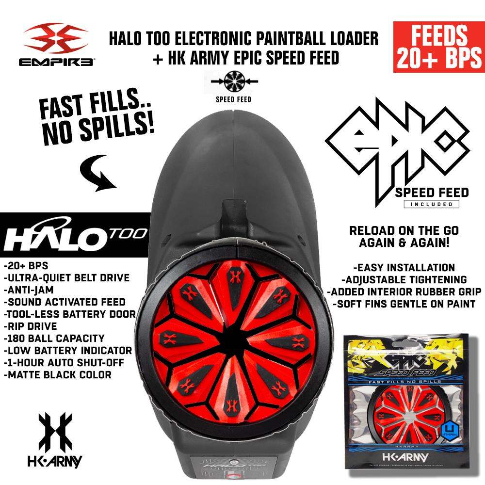 Limited Edition Empire Halo Too electronic paintball loader in matte black with HK Army Epic Speed Feed, featuring 20+ BPS, anti-jam, sound-activated feed, and 180-ball capacity.