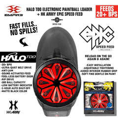 Limited Edition Empire Halo Too electronic paintball loader in matte black with HK Army Epic Speed Feed, featuring 20+ BPS, anti-jam, sound-activated feed, and 180-ball capacity.