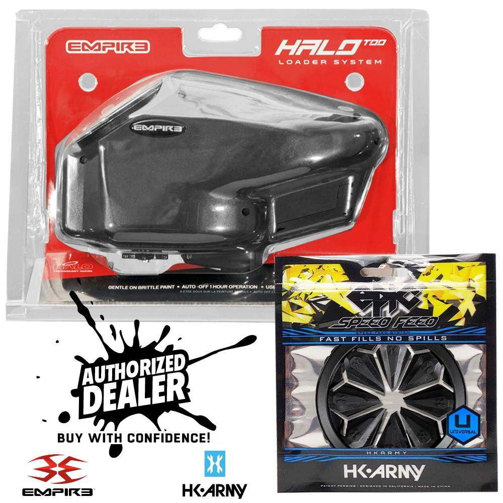 Limited Edition Empire Halo Too electronic paintball loader hopper with matte black finish and HK Army Epic Speed Feed combo