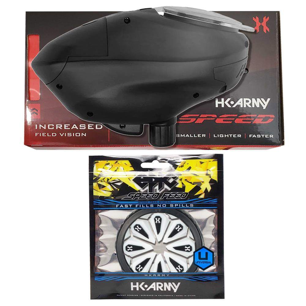 HK Army Speed Electronic Paintball Loader with Epic Speed Feed showing black loader and circular speed feed accessory packaging.