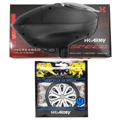 HK Army Speed Electronic Paintball Loader with Epic Speed Feed showing black loader and circular speed feed accessory packaging.