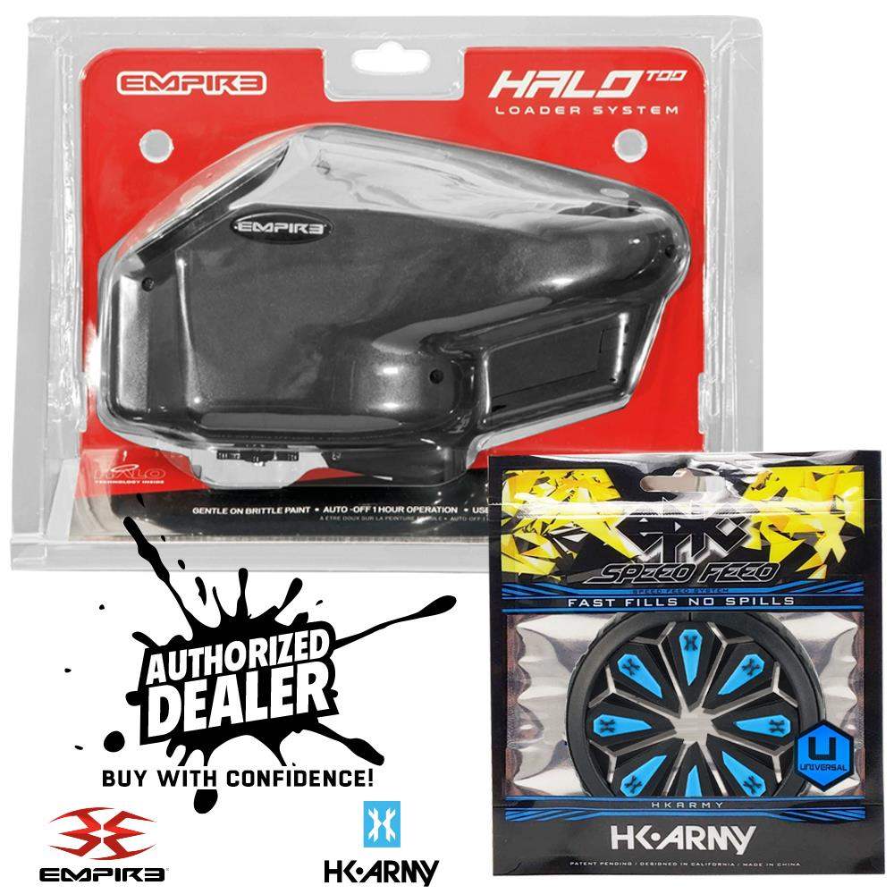 Limited Edition Empire Halo Too electronic paintball loader hopper with matte black shell and HK Army Epic Speed Feed combo