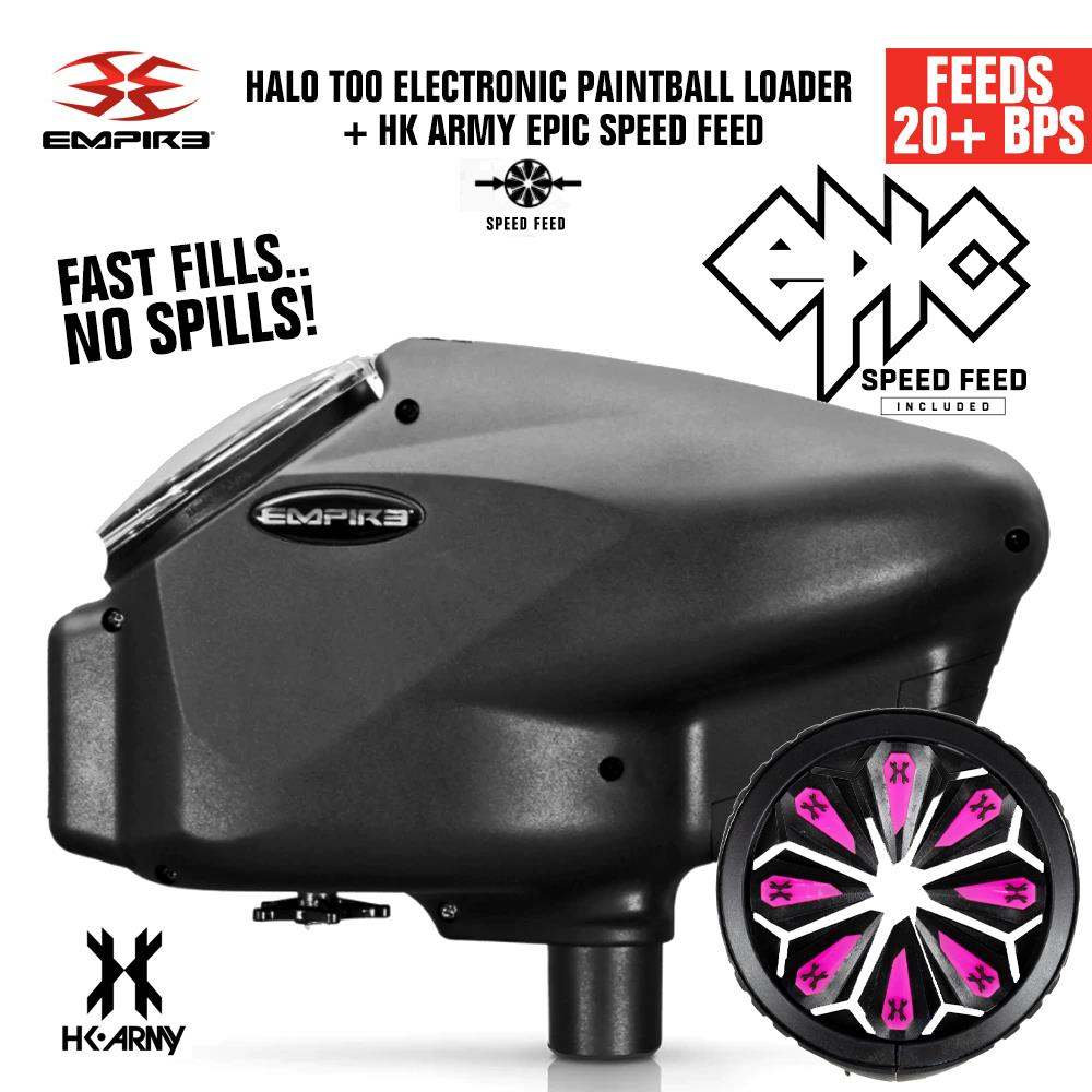 Limited Edition Empire Halo Too electronic paintball loader in matte black with HK Army Epic Speed Feed, feeding 20+ balls per second, anti-jam technology, and 180-ball capacity.