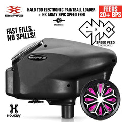 Limited Edition Empire Halo Too electronic paintball loader in matte black with HK Army Epic Speed Feed, feeding 20+ balls per second, anti-jam technology, and 180-ball capacity.