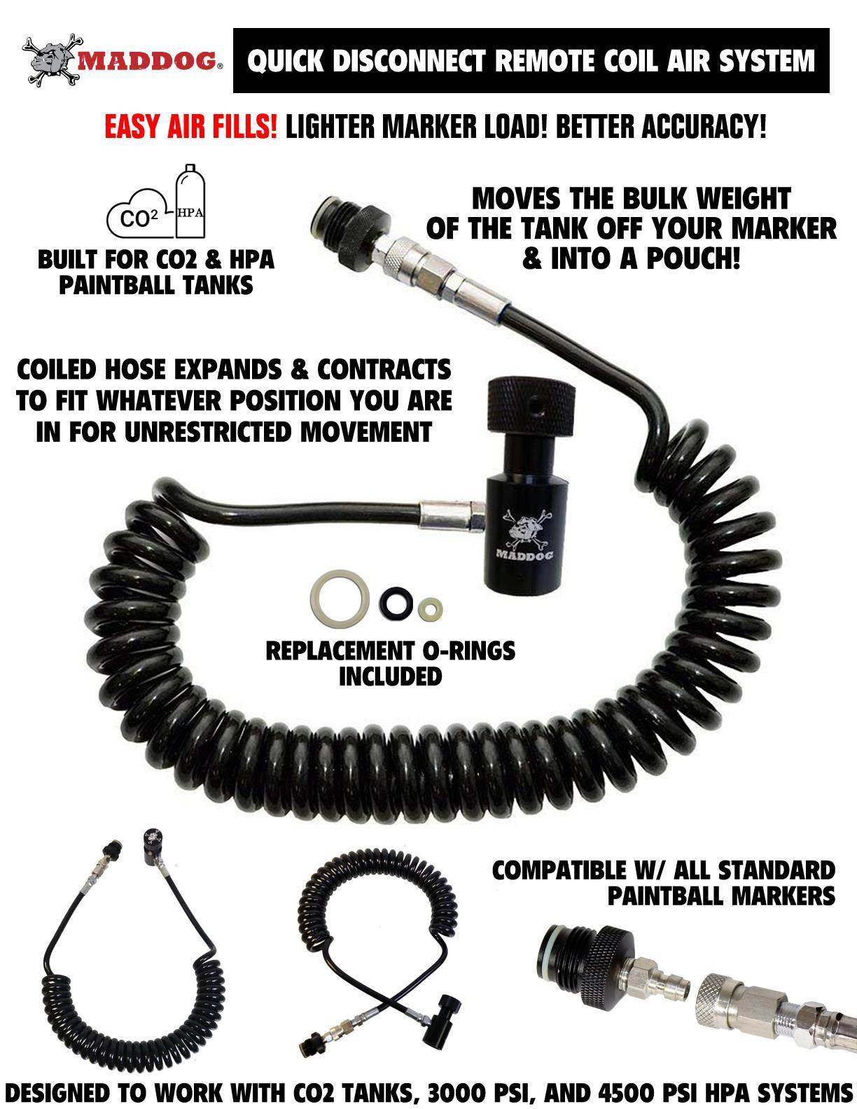 Coiled quick disconnect remote coil air system for Maddog lightweight tactical paintball vest compatible with CO2 and HPA tanks and all standard paintball markers.