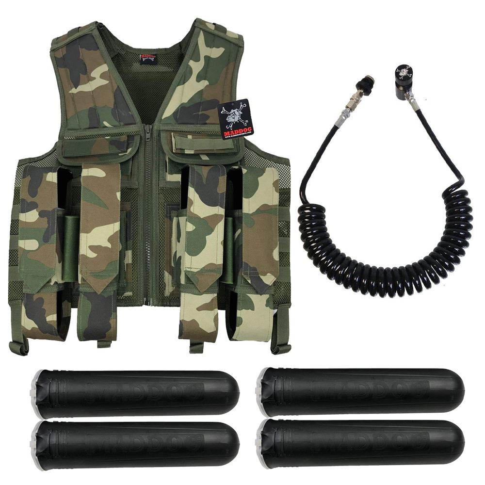 Maddog Tactical Battle Vest w/ Pods & Standard Remote Coil Paintball Package - Woodland Camo Maddog