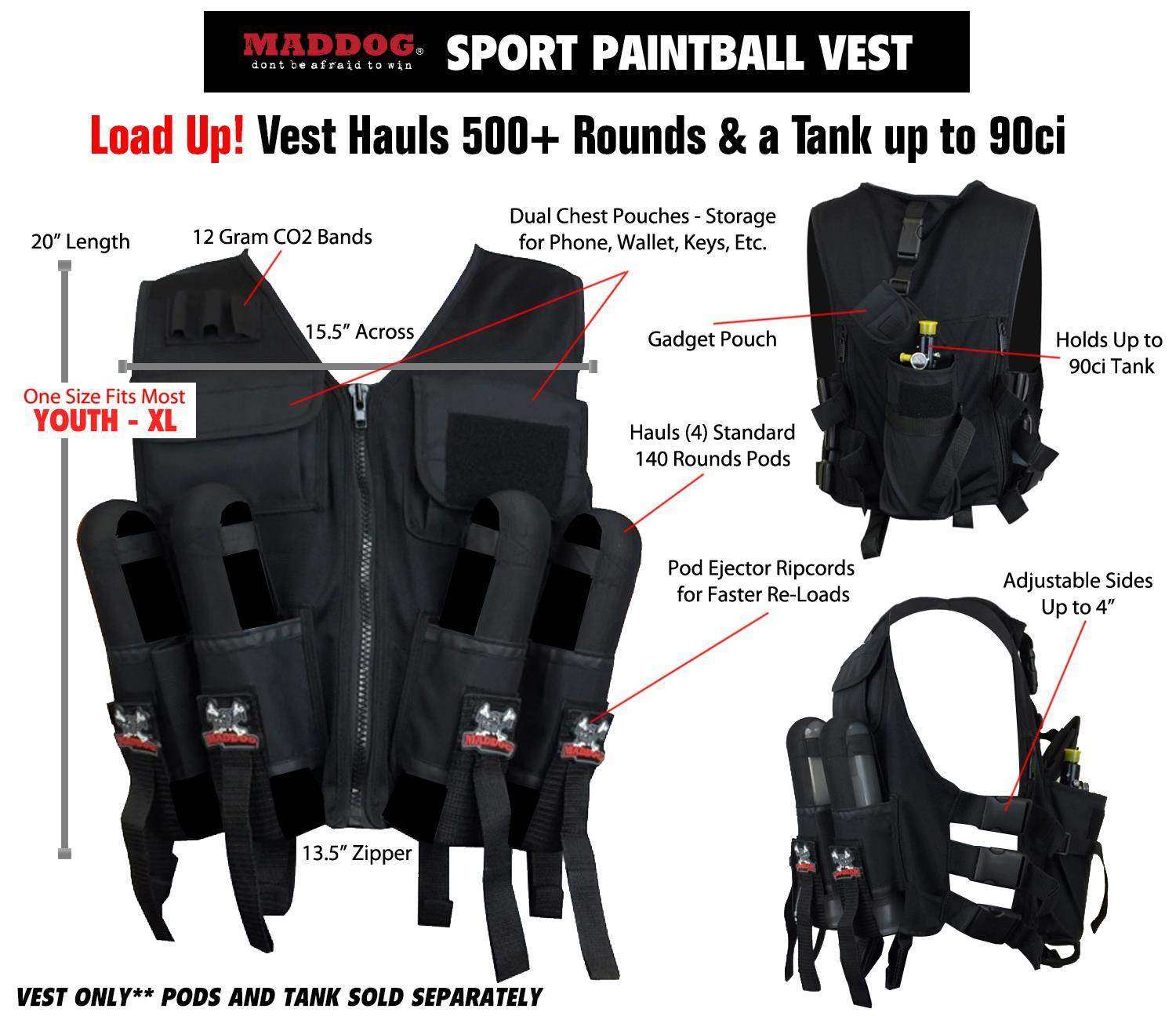 Lightweight tactical paintball vest with four pod holders, tank holder for up to 90ci, dual chest pouches, and adjustable sides for comfortable fit