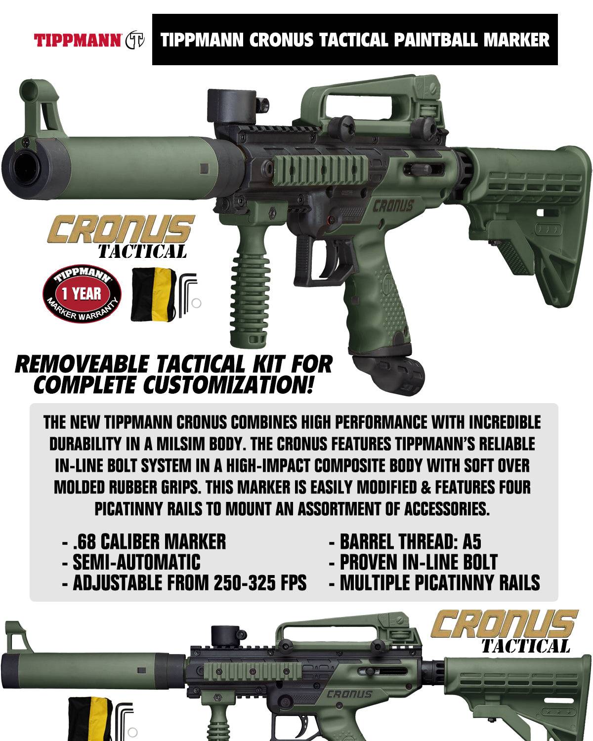 Tippmann Cronus Tactical Semi Auto Paintball Gun .68 Tippmann