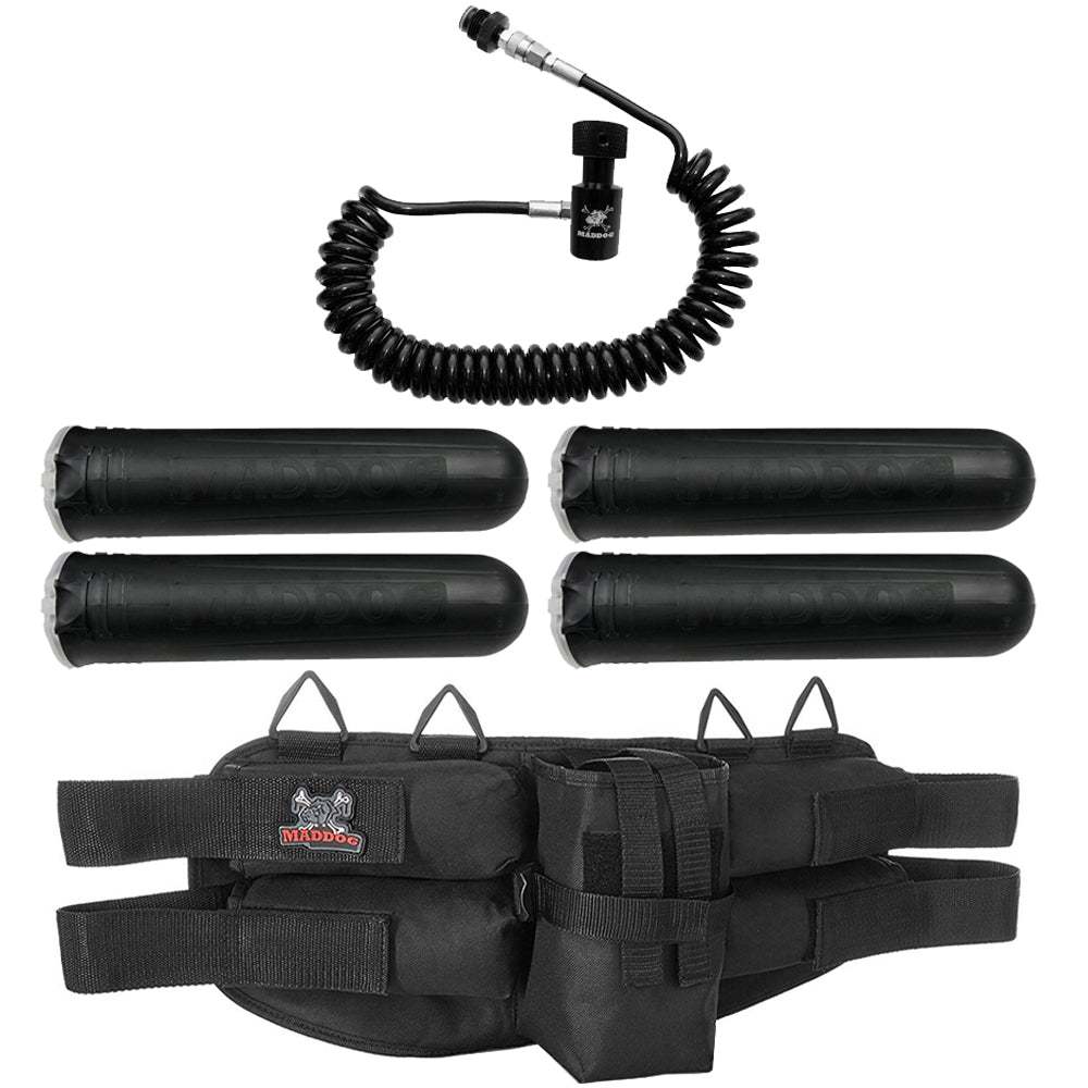 Maddog 4+1 paintball harness with four pods and quick disconnect remote coil for flexible tank connection