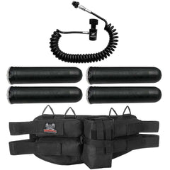 Maddog 4+1 paintball harness with four pods and quick disconnect remote coil for flexible tank connection
