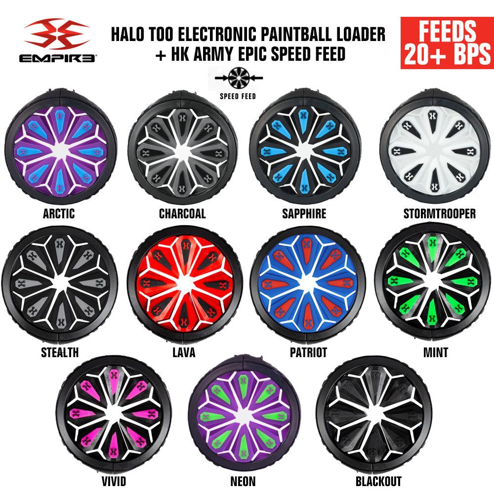 Limited Edition Empire Halo Too electronic paintball loaders in various matte colors with HK Army Epic Speed Feed, feeding 20+ balls per second and anti-jam technology.