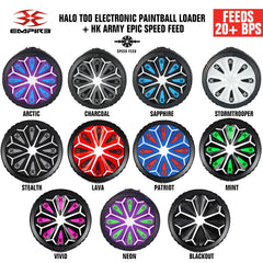 Limited Edition Empire Halo Too electronic paintball loaders in various matte colors with HK Army Epic Speed Feed, feeding 20+ balls per second and anti-jam technology.