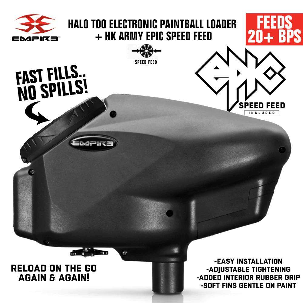 Limited Edition Empire Halo Too electronic paintball loader in matte black with HK Army Epic Speed Feed, ultra-quiet 20+ BPS feed rate and anti-jam technology.