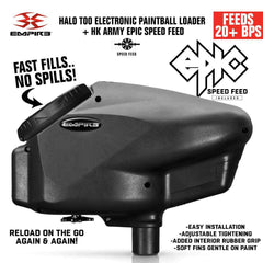 Limited Edition Empire Halo Too electronic paintball loader in matte black with HK Army Epic Speed Feed, ultra-quiet 20+ BPS feed rate and anti-jam technology.