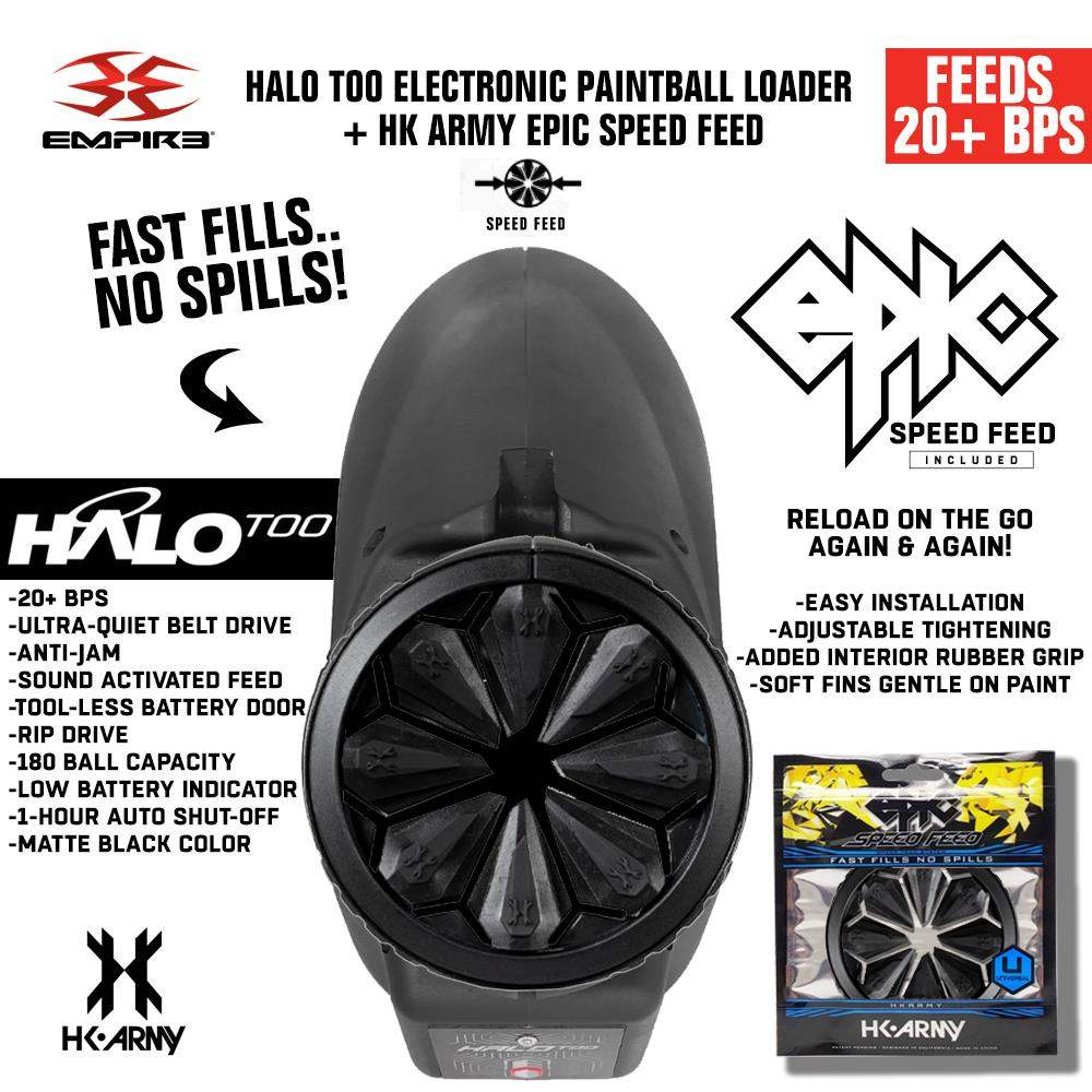 Limited Edition Empire Halo Too electronic paintball loader in matte black with HK Army Epic Speed Feed for fast, spill-free refills and 20+ BPS feeding capacity