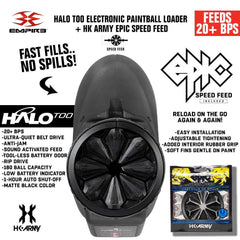 Limited Edition Empire Halo Too electronic paintball loader in matte black with HK Army Epic Speed Feed for fast, spill-free refills and 20+ BPS feeding capacity