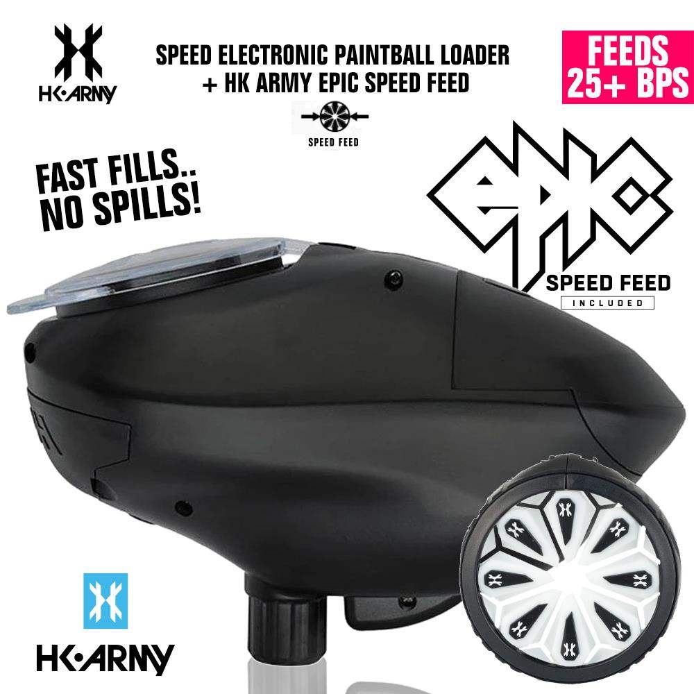 HK Army Speed Electronic Paintball Loader with Epic Speed Feed, fast feeding, 25+ BPS, black nylon shell, lightweight design