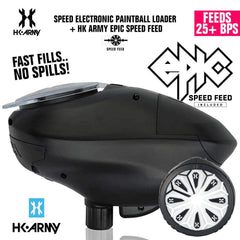 HK Army Speed Electronic Paintball Loader with Epic Speed Feed, fast feeding, 25+ BPS, black nylon shell, lightweight design