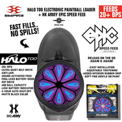 Limited Edition Empire Halo Too electronic paintball loader hopper in matte black with HK Army Epic Speed Feed, 20+ balls per second, anti-jam, and 180 ball capacity