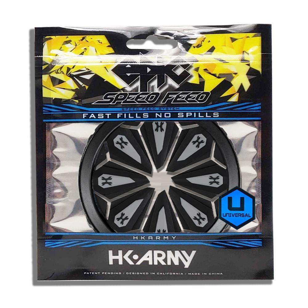 HK Army Epic Speed Feed paintball loader accessory in black and gray designed for fast fills and no spills, compatible with Limited Edition Empire Halo Too paintball loader