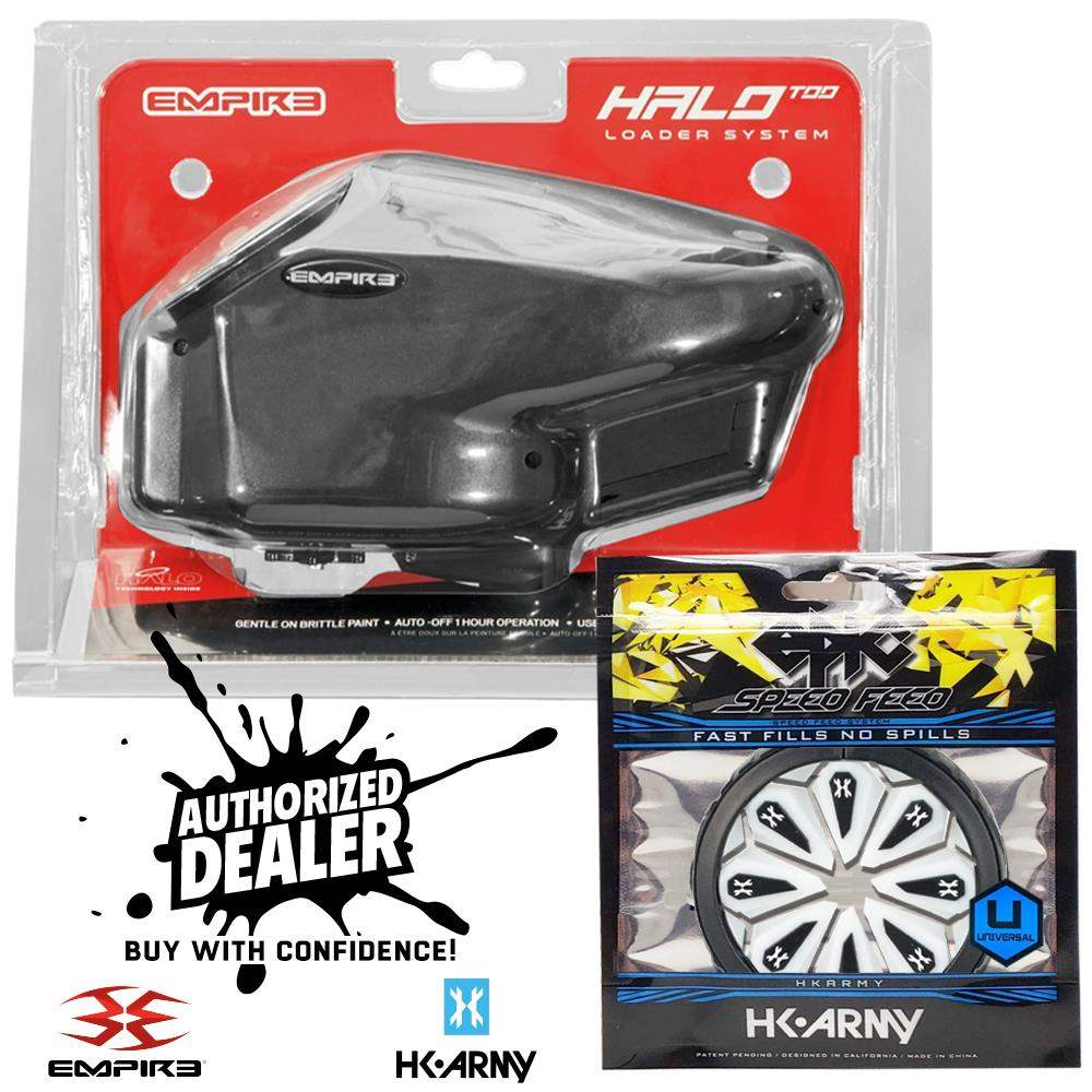 Limited Edition Empire Halo Too electronic paintball loader hopper in matte black with HK Army Epic Speed Feed for fast fills and no spills