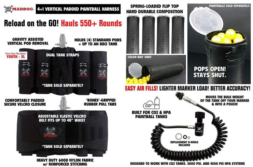 Maddog 4+1 Vertical Paintball Harness with Paintball Pods and Quick Disconnect Remote Coil Combo Maddog