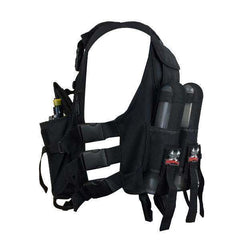 Black lightweight tactical paintball vest with four pod holders, tank holder, adjustable sides, and chest pockets for gear.