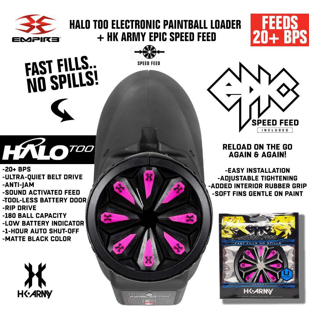 Limited Edition Empire Halo Too electronic paintball loader in matte black with HK Army Epic Speed Feed, ultra-quiet belt drive, anti-jam technology, 20+ BPS feed rate, 180-ball capacity, and sound-activated feeding system.