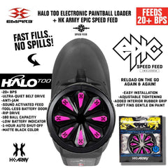 Limited Edition Empire Halo Too electronic paintball loader in matte black with HK Army Epic Speed Feed, ultra-quiet belt drive, anti-jam technology, 20+ BPS feed rate, 180-ball capacity, and sound-activated feeding system.