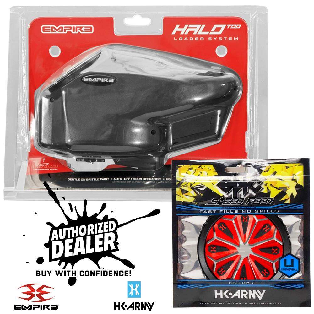 Limited Edition Empire Halo Too electronic paintball loader hopper in matte black with HK Army Epic Speed Feed combo packaging