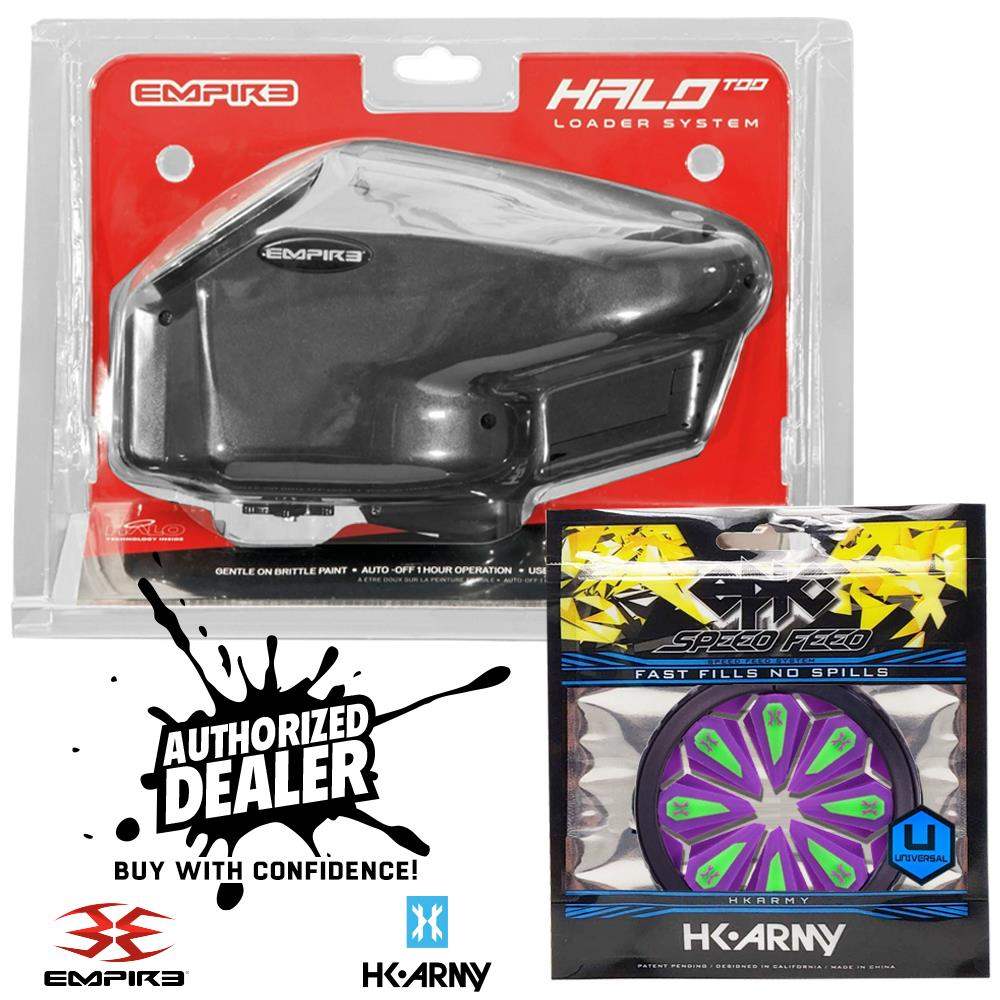 Limited Edition Empire Halo Too electronic paintball loader hopper in matte black with HK Army Epic Speed Feed for fast, spill-free filling and 20+ balls per second feeding.