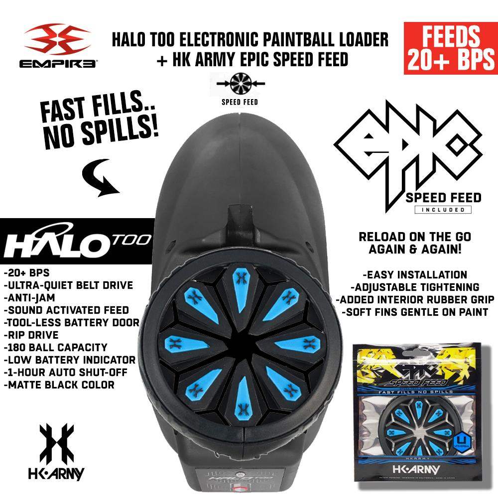 Limited Edition Empire Halo Too electronic paintball loader hopper in matte black with HK Army Epic Speed Feed, feeding 20+ BPS, anti-jam, 180 ball capacity, and ultra-quiet belt drive