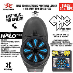 Limited Edition Empire Halo Too electronic paintball loader hopper in matte black with HK Army Epic Speed Feed, feeding 20+ BPS, anti-jam, 180 ball capacity, and ultra-quiet belt drive