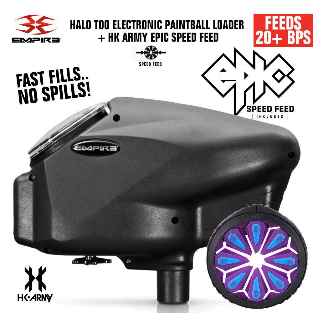 Limited Edition Empire Halo Too electronic paintball loader hopper in matte black with HK Army Epic Speed Feed, feeds 20+ balls per second, anti-jam feature, and 180 ball capacity.