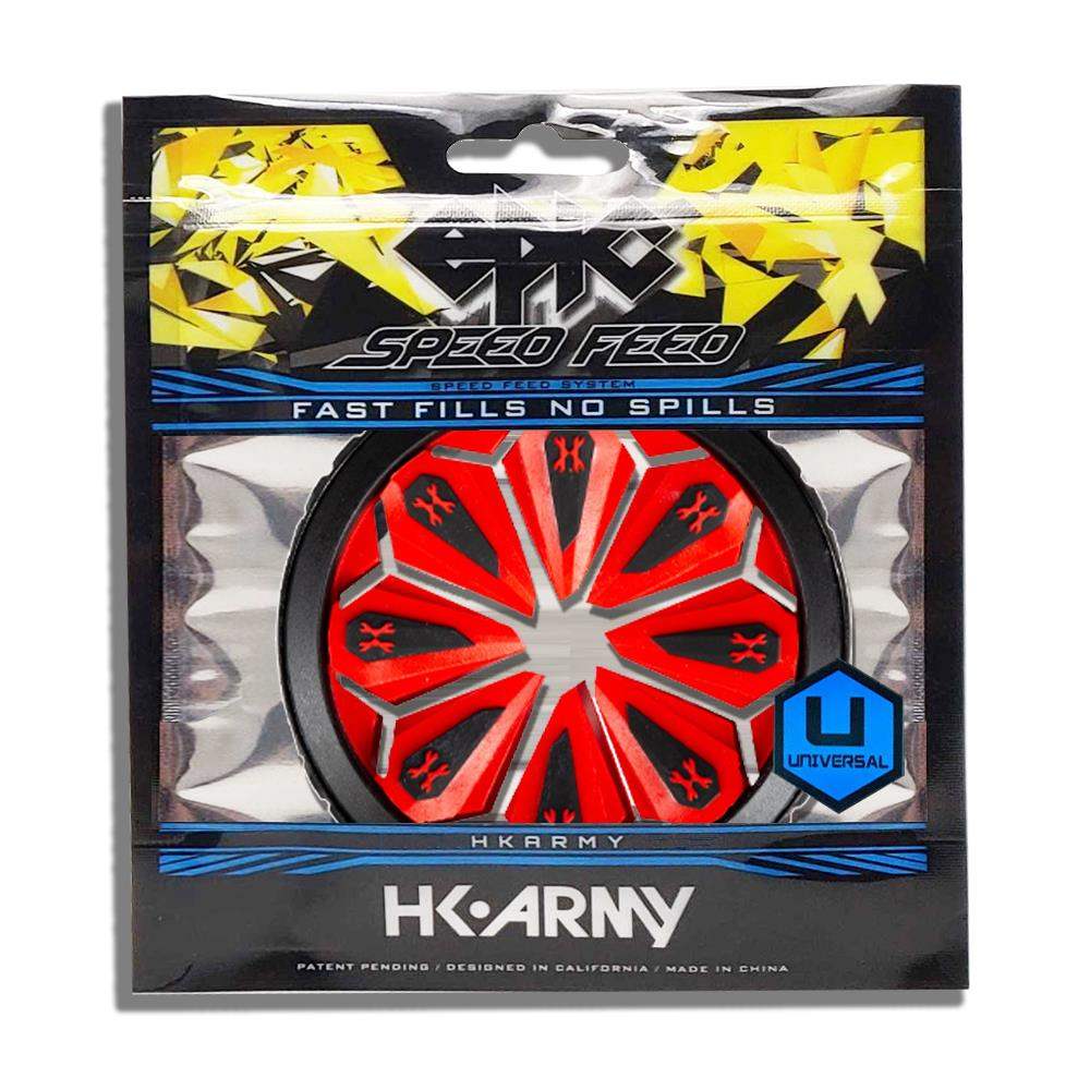 HK Army Epic Speed Feed fast fill paintball loader accessory in red and black packaging