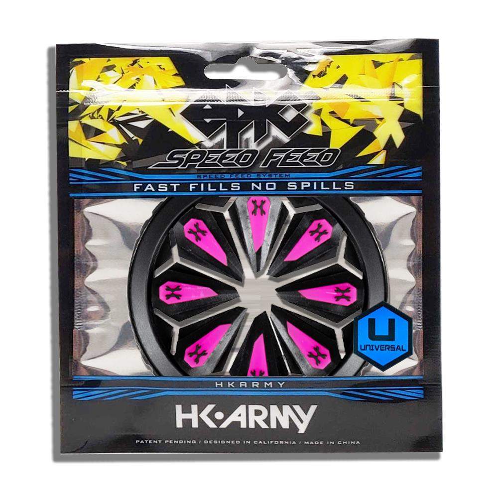 HK Army Epic Speed Feed paintball loader accessory in black and pink with fast fills and no spills, compatible with Limited Edition Empire Halo Too hopper.