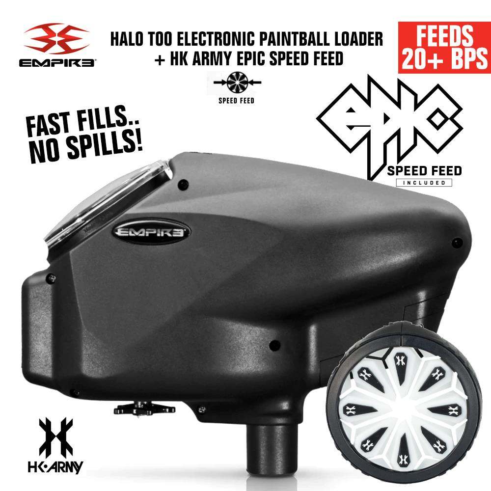 Limited Edition Empire Halo Too electronic paintball loader hopper in matte black with HK Army Epic Speed Feed, ultra-quiet 20+ BPS belt drive and anti-jam technology.