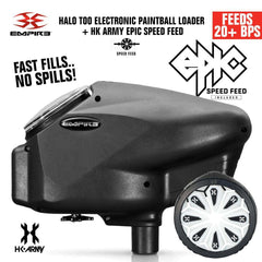 Limited Edition Empire Halo Too electronic paintball loader hopper in matte black with HK Army Epic Speed Feed, ultra-quiet 20+ BPS belt drive and anti-jam technology.