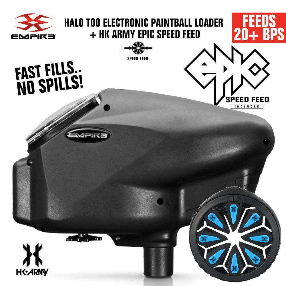 Limited Edition Empire Halo Too electronic paintball loader hopper in matte black with HK Army Epic Speed Feed, feeding 20+ balls per second, anti-jam technology, and 180 ball capacity.