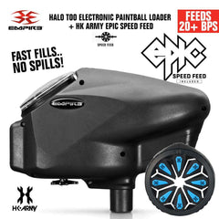 Limited Edition Empire Halo Too electronic paintball loader hopper in matte black with HK Army Epic Speed Feed, feeding 20+ balls per second, anti-jam technology, and 180 ball capacity.