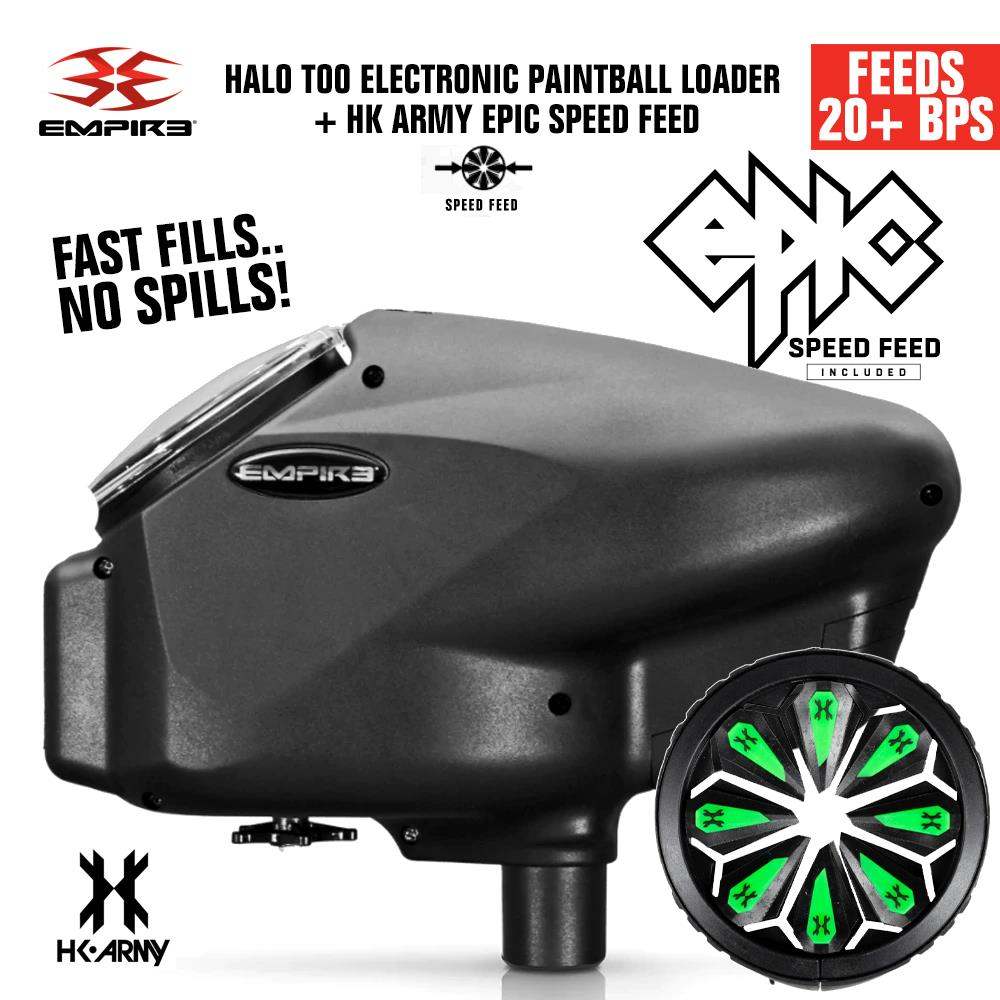 Limited Edition Empire Halo Too electronic paintball loader in matte black with HK Army Epic Speed Feed, feeding 20+ balls per second, anti-jam tech, and 180-ball capacity.