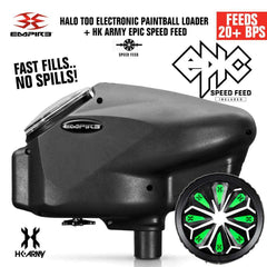 Limited Edition Empire Halo Too electronic paintball loader in matte black with HK Army Epic Speed Feed, feeding 20+ balls per second, anti-jam tech, and 180-ball capacity.