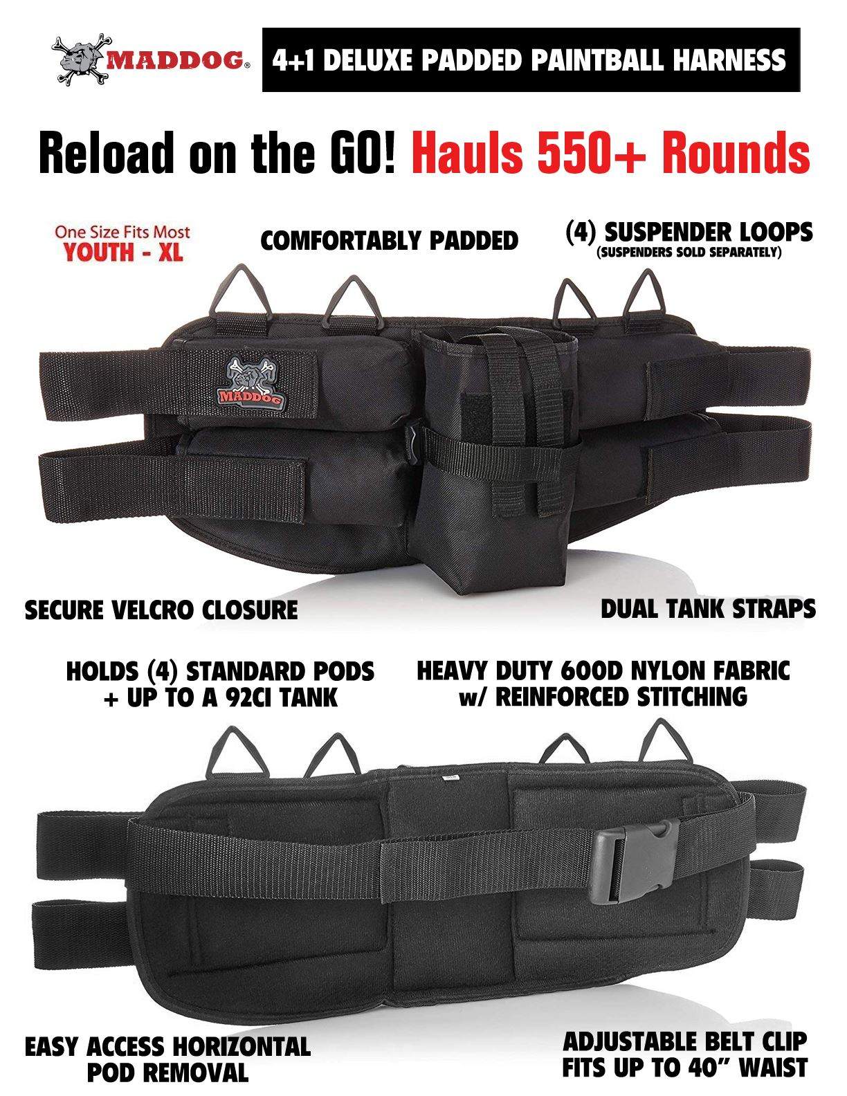 Maddog 4+1 Paintball Harness with Paintball Pods and Quick Disconnect Remote Coil Combo Maddog