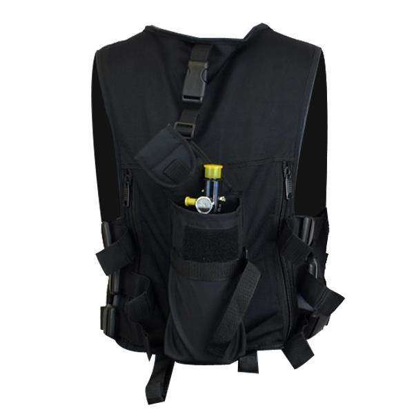 Black Maddog lightweight tactical paintball vest with four pod holders and rear tank holder, adjustable sides, and heavy-duty nylon seams.