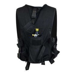 Black Maddog lightweight tactical paintball vest with four pod holders and rear tank holder, adjustable sides, and heavy-duty nylon seams.